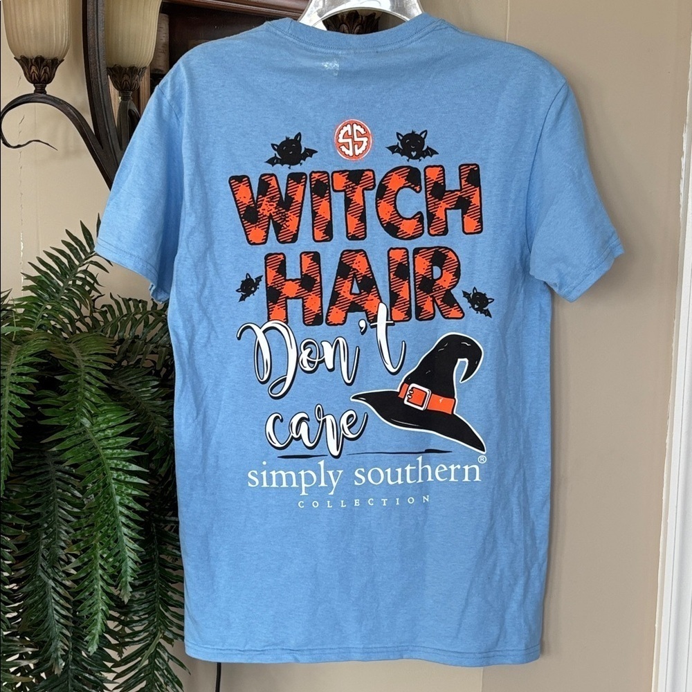 Simply Southern Halloween Short Sleeve T-Shirt Witch Hair Don’t Care Blue Cotton